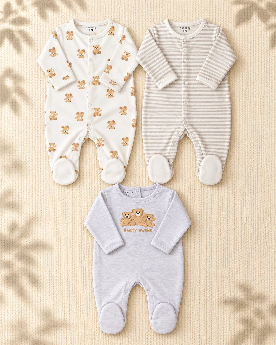 Pack of 3 - Full Sleeves - Footed Sleep Suits - Bearly Bear