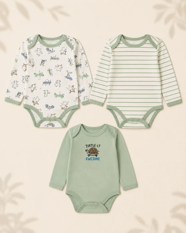 Pack of 3 Full Sleeve Bodysuits - Green Turtle - 010