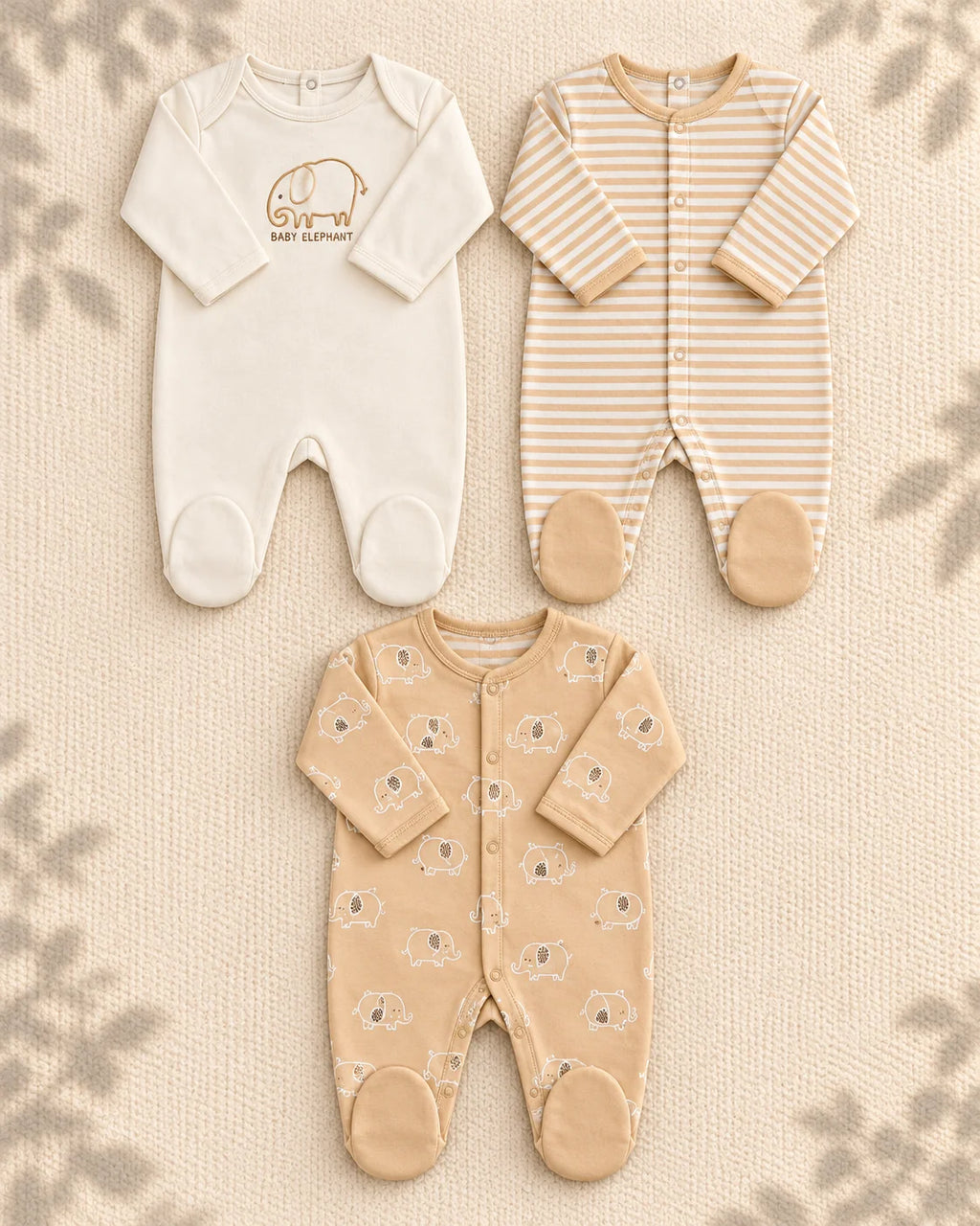 Pack of 3 - Full Sleeves - Footed Sleep Suits - Elephant
