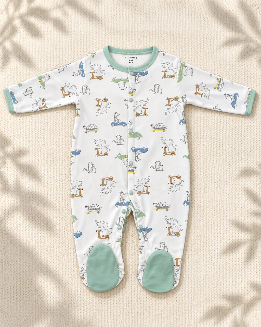 Pack of 3 - Full Sleeves - Footed Sleep Suits - Green Turtle
