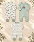 Pack of 3 - Full Sleeves - Footed Sleep Suits - Green Turtle