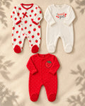Pack of 3 - Full Sleeves - Footed Sleep Suits - Strawberry